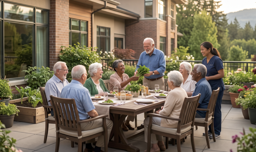 Staff and residents sharing a moment together at Stegins Evergreen Residences
